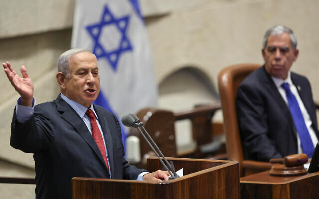 Opposition leader Benjamin Netanyahu speaks at the Knesset in Jerusalem on May 9, 2022. (Yonatan Sindel/Flash90) Opposition leader Benjamin Netanyahu speaks at the Knesset in Jerusalem on May 9, 2022. (Yonatan Sindel/Flash90)