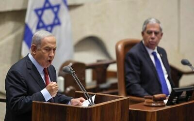Opposition leader Benjamin Netanyahu speaks during a no-confidence motion against the government at the Knesset,  May 9, 2022. (Yonatan Sindel/Flash90)
