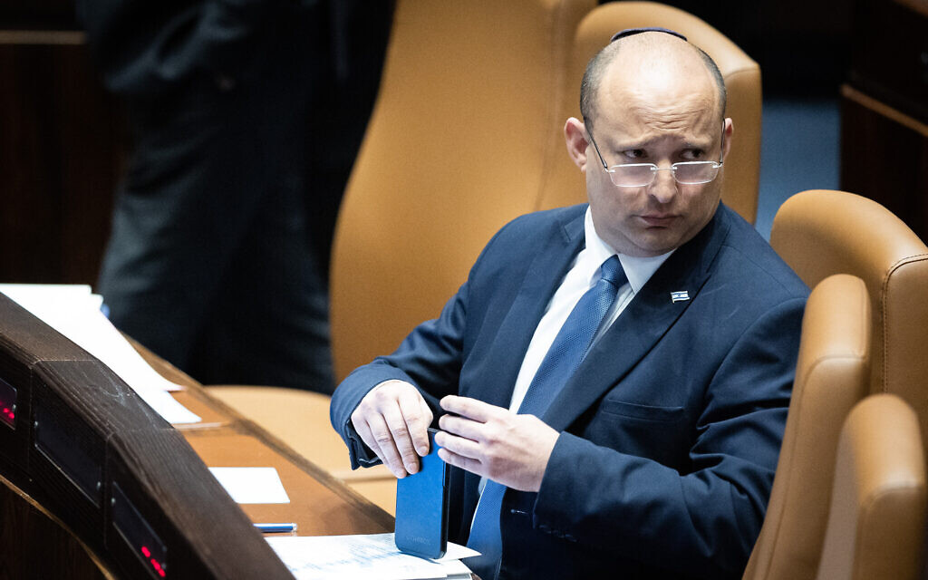 Prime Minister Naftali Bennett during a Knesset plenum session, on May 9, 2022. (Yonatan Sindel/Flash90) Prime Minister Naftali Bennett during a Knesset plenum session, on May 9, 2022. (Yonatan Sindel/Flash90)