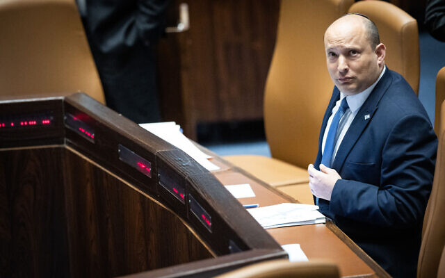 Prime Minister Naftali Bennett in the opening of the Knesset summer session in Jerusalem on May 9, 2022. (Yonatan Sindel/Flash90) Prime Minister Naftali Bennett in the opening of the Knesset summer session in Jerusalem on May 9, 2022. (Yonatan Sindel/Flash90)