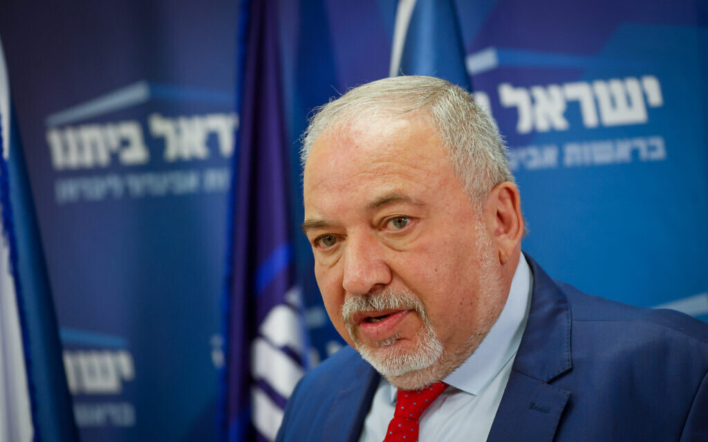 Finance Minister Avigdor Liberman leads a Yisrael Beytenu faction meeting at the Knesset on May 16, 2022. (Olivier Fitoussi/Flash90) Finance Minister Avigdor Liberman leads a Yisrael Beytenu faction meeting at the Knesset on May 16, 2022. (Olivier Fitoussi/Flash90)
