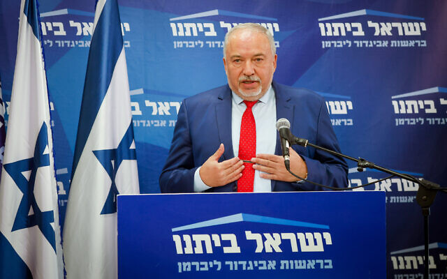 Finance Minister Avigdor Liberman leads a Yisrael Beytenu faction meeting at the Knesset on May 16, 2022. (Olivier Fitoussi/Flash90) Finance Minister Avigdor Liberman leads a Yisrael Beytenu faction meeting at the Knesset on May 16, 2022. (Olivier Fitoussi/Flash90)