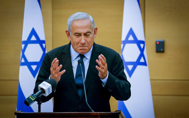 Leader of the opposition and head of the Likud party Benjamin Netanyahu leads a Likud faction meeting at the Knesset in Jerusalem on May 16, 2022. (Olivier Fitoussi/Flash90) Leader of the opposition and head of the Likud party Benjamin Netanyahu leads a Likud faction meeting at the Knesset in Jerusalem on May 16, 2022. (Olivier Fitoussi/Flash90)