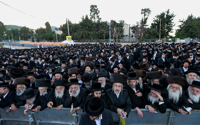 Ultra orthodox Jews attend Lag Baomer celebrations, in Meron on May 18, 2022.  (David Cohen/Flash90)