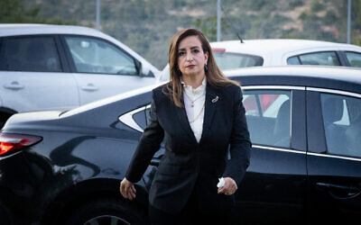 Meretz MK Ghaida Rinawie Zoabi arrives for an interview at Channel 12's Neve Ilan studios, May 19, 2022. (Olivier Fitoussi/Flash90)