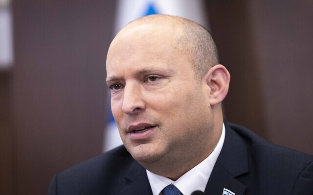 Prime Minister Naftali Bennett leads a cabinet meeting at his office in Jerusalem on May 8, 2022. (Olivier Fitoussi/Flash90) Prime Minister Naftali Bennett leads a cabinet meeting at his office in Jerusalem on May 8, 2022. (Olivier Fitoussi/Flash90)