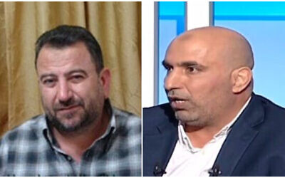 (R) Saleh al-Arouri in undated YouTube video (Screen grab) and (L) Zaher Jabarin gives an interview to pro-Hezbollah television network al-Mayadeen on April 17, 2022 (Screen grab)