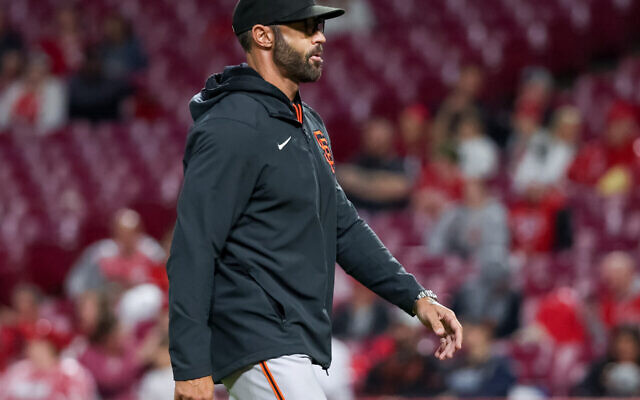 San Francisco Giants manager Gabe Kapler walks across the field during a game against the Cincinnati Reds in Cincinnati, Ohio on May 27, 2022. (Dylan Buell/Getty Images) San Francisco Giants manager Gabe Kapler walks across the field during a game against the Cincinnati Reds in Cincinnati, Ohio on May 27, 2022. (Dylan Buell/Getty Images)