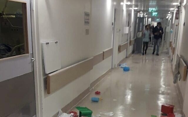 Damage to the intensive care unit at Hadassah Hospital in Jerusalem caused by family members of a patient who died there, May 16, 2022. (Hadassah spokesperson) Damage to the intensive care unit at Hadassah Hospital in Jerusalem caused by family members of a patient who died there, May 16, 2022. (Hadassah spokesperson)