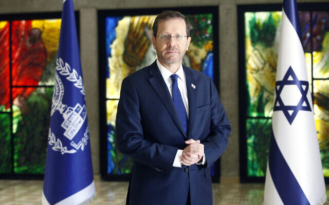 President Isaac Herzog at Beit Hanassi, the President's residence in Jerusalem, April 2022 (Ariel Jerozolimski for The Times of Israel) President Isaac Herzog at Beit Hanassi, the President's residence in Jerusalem, April 2022 (Ariel Jerozolimski for The Times of Israel)