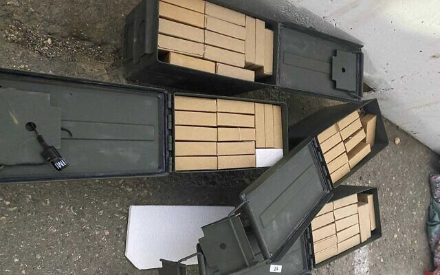 The ammo confiscated by Israeli security at the Reihan Crossing in the northern West Bank, May 20, 2022. (Defense Ministry Spokesperson) The ammo confiscated by Israeli security at the Reihan Crossing in the northern West Bank, May 20, 2022. (Defense Ministry Spokesperson)