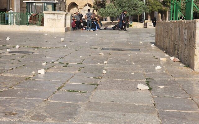 An image of rocks police say were thrown toward officers from inside the Al-Aqsa Mosque on the Temple Mount, May 29, 2022 (Israel Police) An image of rocks police say were thrown toward officers from inside the Al-Aqsa Mosque on the Temple Mount, May 29, 2022 (Israel Police)