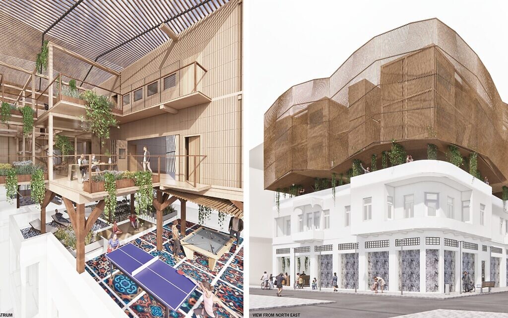 This architectural design project by Marc Brossa, Prof. Kyung-ju Hwang, TaeYoung Yeo, Chae-rin Kim, Yoon-hee Kim, and Jeong-woo Son of Seoul, South Korea, won first prize at the Tel Aviv Municipality's Layer 2.0 architecture competition on May 8, 2022. The design concept builds on an existing structure on Ruhama Street in Jaffa. (Layer 2.0 / Tel Aviv-Jaffa Municipality)