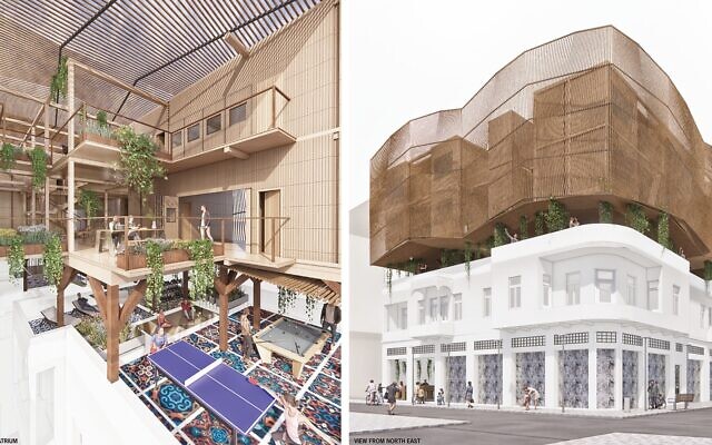 This architectural design project by Marc Brossa, Prof. Kyung-ju Hwang, TaeYoung Yeo, Chae-rin Kim, Yoon-hee Kim, and Jeong-woo Son of Seoul, South Korea, won first prize at the Tel Aviv Municipality's Layer 2.0 architecture competition on May 8, 2022. The design concept builds on an existing structure on Ruhama Street in Jaffa. (Layer 2.0 / Tel Aviv-Jaffa Municipality)