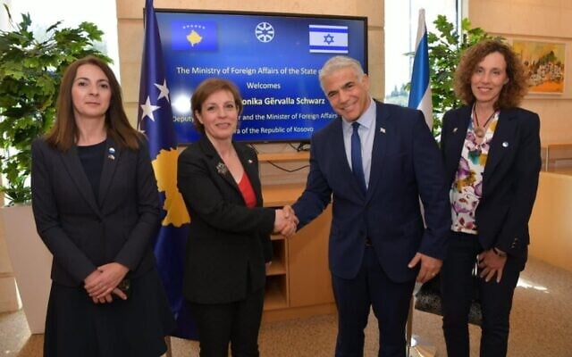 Foreign Minister Yair Lapid meets with his Kosovar counterpart, Donika Gërvalla-Schwarz, at the Foreign Ministry in Jerusalem, May 9, 2022 (Shlomi Amsalem, GPO) Foreign Minister Yair Lapid meets with his Kosovar counterpart, Donika Gërvalla-Schwarz, at the Foreign Ministry in Jerusalem, May 9, 2022 (Shlomi Amsalem, GPO)