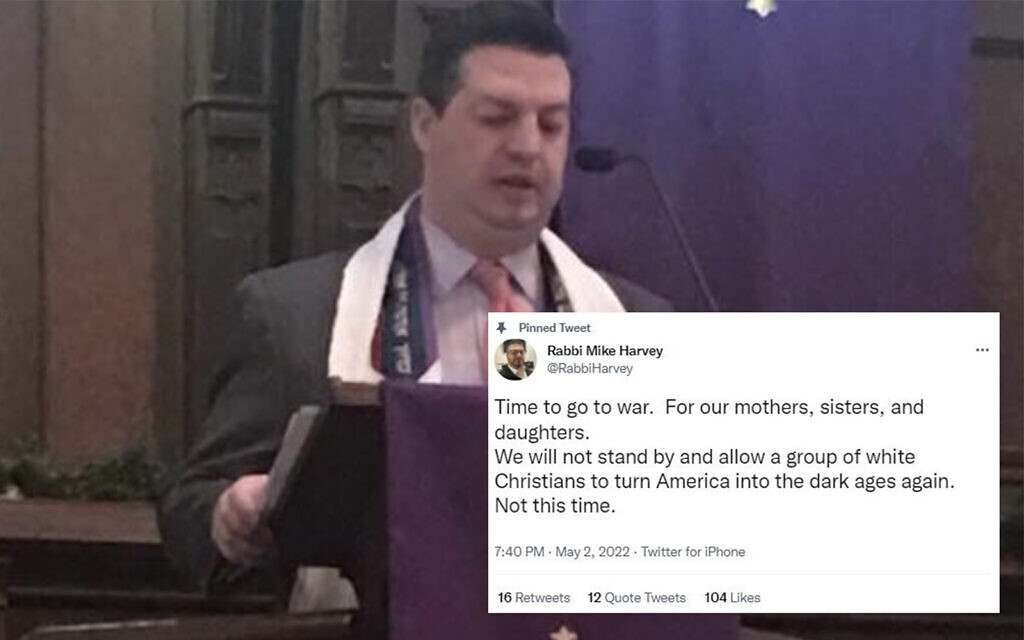 Rabbi Michael Harvey, and the offending tweet he said he wrote out of anger. (Courtesy via JTA) Rabbi Michael Harvey, and the offending tweet he said he wrote out of anger. (Courtesy via JTA)