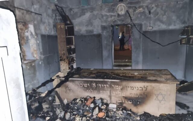 Damage is seen to a shrine, believed by some to be the burial place of the biblical Benjamin son of Jacob, following a fire near the city of Kfar Saba, on May 6, 2022. (Israel Police) Damage is seen to a shrine, believed by some to be the burial place of the biblical Benjamin son of Jacob, following a fire near the city of Kfar Saba, on May 6, 2022. (Israel Police)