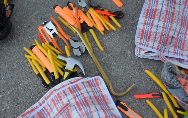 Tools that police believe suspects intended to use to sabotage the celebrations planned for the Lag B'Omer holiday on Mount Meron in northern Israel, which were seized on May 17, 2022. (Israel Police) Tools that police believe suspects intended to use to sabotage the celebrations planned for the Lag B'Omer holiday on Mount Meron in northern Israel, which were seized on May 17, 2022. (Israel Police)