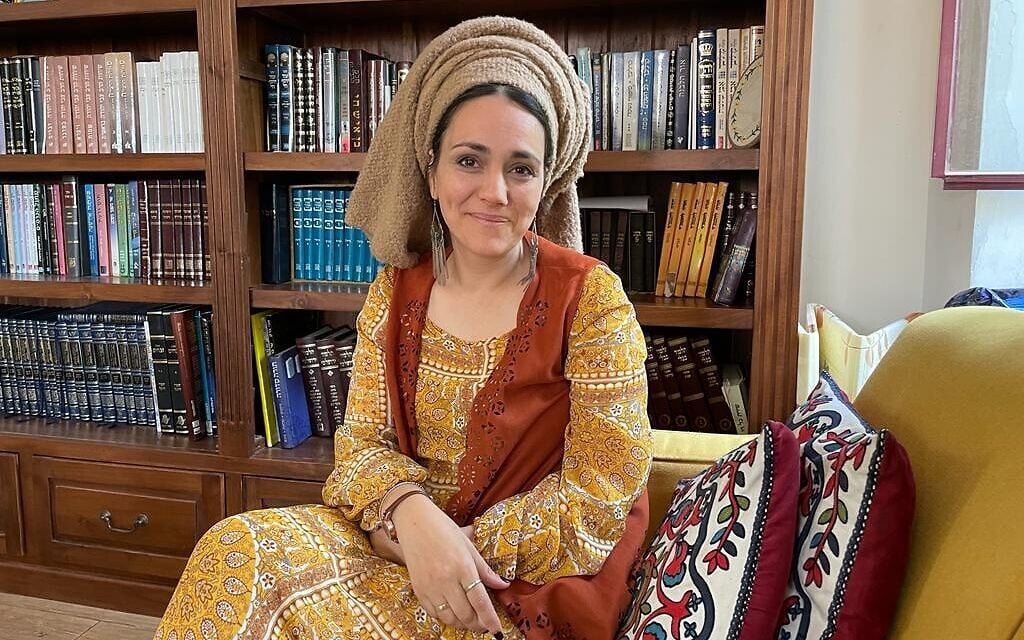 Limor Son Har-Melech in the living room of her Shavei Shomron home, May 26, 2022. (Carrie Keller-Lynn/The Times of Israel)