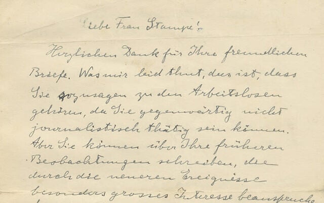 A photo of a letter handwritten and signed by Albert Einstein and addressed to Danish journalist Karen Stampe Bendix in 1936, in which the renowned physicist urges the free world to attack Nazi Germany. (Kedem Auction House) A photo of a letter handwritten and signed by Albert Einstein and addressed to Danish journalist Karen Stampe Bendix in 1936, in which the renowned physicist urges the free world to attack Nazi Germany. (Kedem Auction House)
