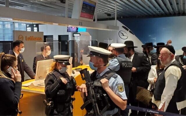 Jewish passengers who were kicked off a Lufthansa flight on May 3, 2022, were greeted by the police once they arrived in Frankfurt. (Courtesy via JTA) Jewish passengers who were kicked off a Lufthansa flight on May 3, 2022, were greeted by the police once they arrived in Frankfurt. (Courtesy via JTA)