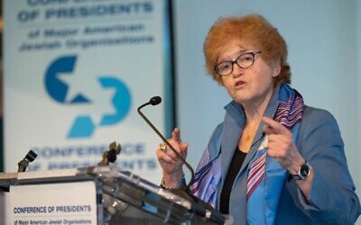 Ambassador Deborah Lipstadt speaks at a conference arranged by the Conference of Presidents of Major American Jewish Organizations at the Museum of Jewish Heritage on May 26, 2022, in Manhattan. (Shahar Azran via JTA)