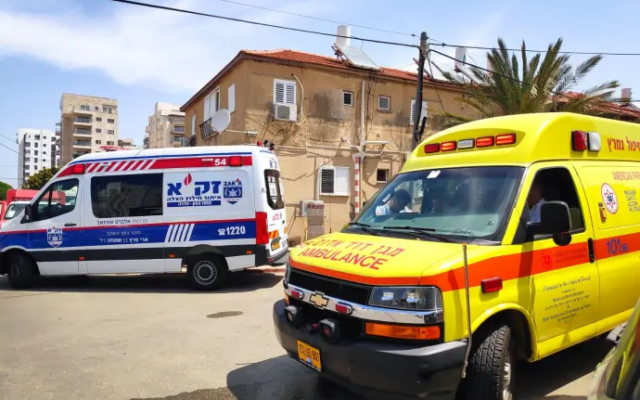 Illustrative: Magen David Adom respond to a pedestrian struck by a vehicle in Hadera, May 11, 2022. (Magen David Adom) Illustrative: Magen David Adom respond to a pedestrian struck by a vehicle in Hadera, May 11, 2022. (Magen David Adom)