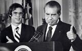 In this file photo taken on August 9, 1974, the 37th President of the United States, Richard Nixon, bids farewell to the White House staff. (Consolidated News Pictures/AFP)