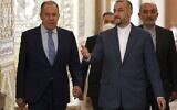 Iran's Foreign Minister Hossein Amir-Abdollahian (R front) arrives for a joint press conference with his Russian counterpart Sergei Lavrov (L) at the foreign ministry headquarters in Iran's capital Tehran on June 23, 2022. (Atta Kenare/AFP)