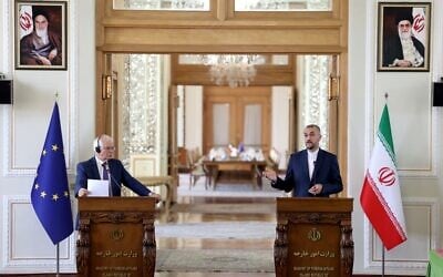 Iran's Foreign Minister Hossein Amir-Abdollahian (right) attends a press conference with Josep Borrell, the High Representative of the European Union for Foreign Affairs and Security Policy at the Foreign Ministry headquarters in Iran's capital Tehran, June 25, 2022. (Atta Kenare/AFP)