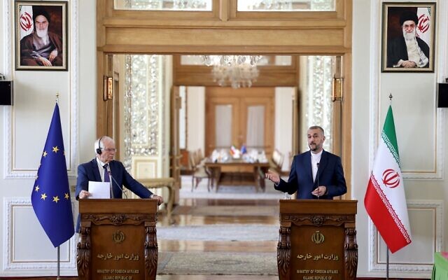 Iran's Foreign Minister Hossein Amir-Abdollahian (right) attends a press conference with Josep Borrell, the High Representative of the European Union for Foreign Affairs and Security Policy at the Foreign Ministry headquarters in Iran's capital Tehran, June 25, 2022. (Atta Kenare/AFP) Iran's Foreign Minister Hossein Amir-Abdollahian (right) attends a press conference with Josep Borrell, the High Representative of the European Union for Foreign Affairs and Security Policy at the Foreign Ministry headquarters in Iran's capital Tehran, June 25, 2022. (Atta Kenare/AFP)