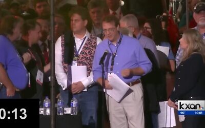 A delegate to the Texas State GOP convention speaks out against anti-LGBTQ language in the party platform, in Houston, June 19, 2022. (KXAN/YouTube)