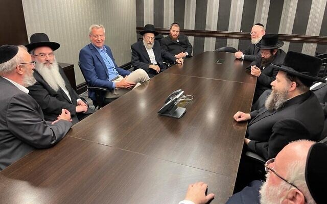 Former NYC mayor Bill de Blasio, running for Congress in District 10, meets with members of the Borough Park Orthodox Jewish community, June 19, 2022. (Courtesy of Reuvain Borchardt/Hamodia. Used With Permission/ via JTA) Former NYC mayor Bill de Blasio, running for Congress in District 10, meets with members of the Borough Park Orthodox Jewish community, June 19, 2022. (Courtesy of Reuvain Borchardt/Hamodia. Used With Permission/ via JTA)