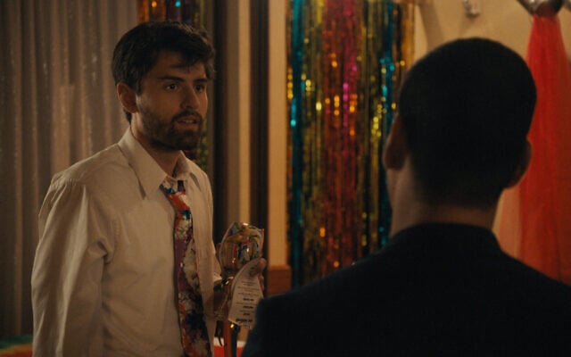 Cooper Raiff as a bar/bat mitzvah 'motivational dancer' in 'Cha Cha Real Smooth.' (Courtesy of Apple/ via JTA)