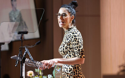Sarah Silverman speaks on stage at Variety's 2022 Power Of Women event in New York City, May 5, 2022. (Cindy Ord/Getty Images for Variety via JTA)
