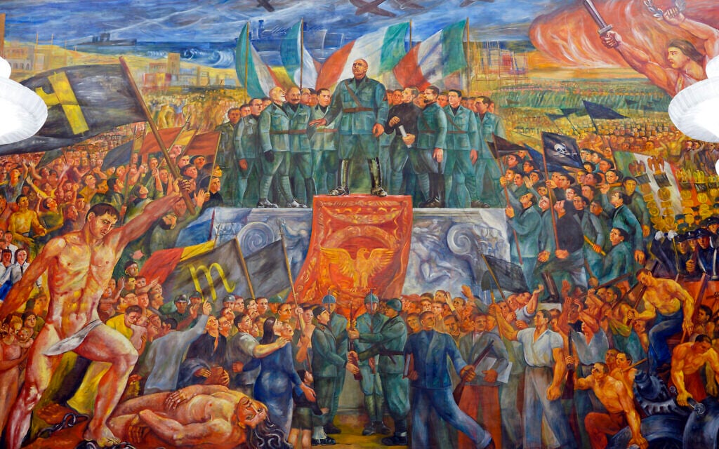 A detail of the mural titled 'Apotheosis of Fascism,' by Luigi Montanarini, believed to have been painted between the late 1930s and early 1940s, in the Salone d'Onore of the CONI headquarters, in Rome, May 14, 2019. (AP Photo/Andrew Medichini)