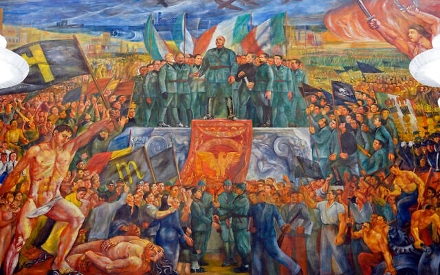 A detail of the mural titled 'Apotheosis of Fascism,' by Luigi Montanarini, believed to have been painted between the late 1930s and early 1940s, in the Salone d'Onore of the CONI headquarters, in Rome, May 14, 2019. (AP Photo/Andrew Medichini)