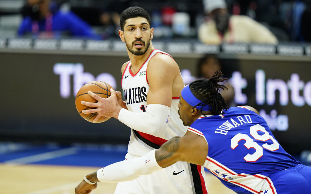 Portland Trail Blazers' Enes Kanter Freedom plays during an NBA basketball game against the Philadelphia 76ers, February 4, 2021, in Philadelphia. (AP Photo/Matt Slocum)