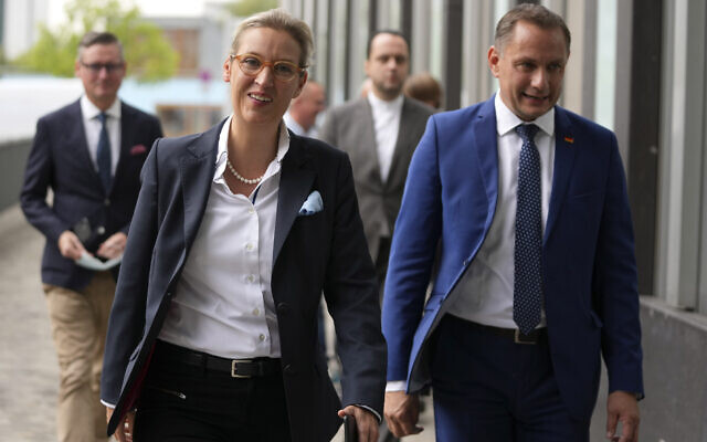 Newly elected leaders of Germany's Alternative for Germany (AfD) party Alice Weidel, left and Tino Chrupalla arrive for a press conference in Berlin, Germany, September 27, 2021. (AP Photo/Matthias Schrader) Newly elected leaders of Germany's Alternative for Germany (AfD) party Alice Weidel, left and Tino Chrupalla arrive for a press conference in Berlin, Germany, September 27, 2021. (AP Photo/Matthias Schrader)