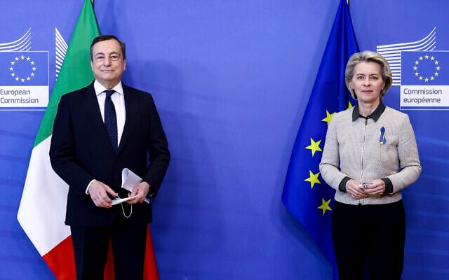 President of the European Commission Ursula von der Leyen, right, greets Italy's Prime Minister Mario Draghi prior to a meeting at EU headquarters in Brussels, March 7, 2022. (Kenzo Tribouillard, Pool Photo via AP) President of the European Commission Ursula von der Leyen, right, greets Italy's Prime Minister Mario Draghi prior to a meeting at EU headquarters in Brussels, March 7, 2022. (Kenzo Tribouillard, Pool Photo via AP)