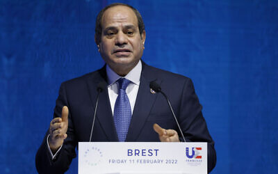 Egyptian President Abdel-Fattah el-Sissi delivers a speech during the One Ocean Summit, in Brest, Brittany, February 11, 2022. (Ludovic Marin, Pool via AP)
