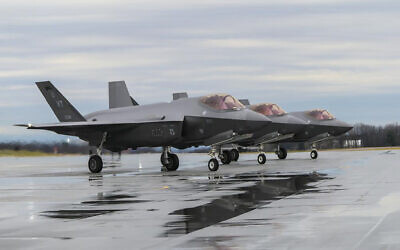 F-35 Lightning II Aircraft assigned to the 158th Fighter Wing, Burlington Air National Guard Base, prepare for takeoff, in Burlington, Vermont, April 13, 2022. (Staff Sgt. Cameron Lewis/U.S. Air National Guard via AP)