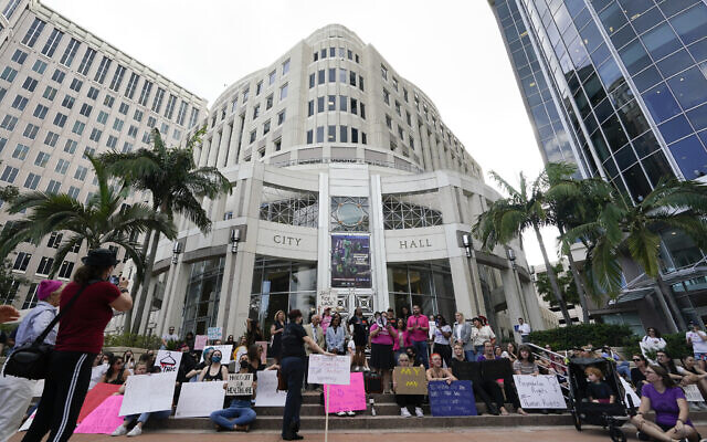 Demonstrators rally in support of abortion rights outside the Orlando City Hall in Florida, May 3, 2022. (AP Photo/John Raoux)