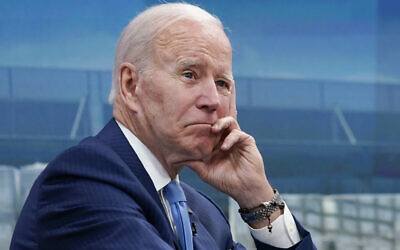 US President Joe Biden listens as he meets virtually with infant formula manufacturers from the South Court Auditorium on the White House complex in Washington, June 1, 2022. (Susan Walsh/AP)