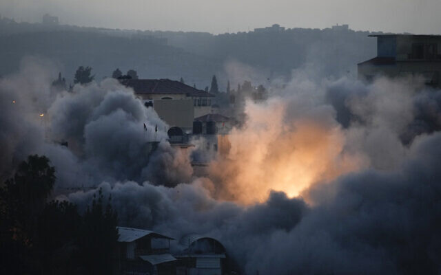 Israeli troops blow up the house of Bnei Brak terrorist Diaa Hamarsheh in the West Bank village of Ya'bad, June 2, 2022 (AP Photo/Majdi Mohammed) Israeli troops blow up the house of Bnei Brak terrorist Diaa Hamarsheh in the West Bank village of Ya'bad, June 2, 2022 (AP Photo/Majdi Mohammed)