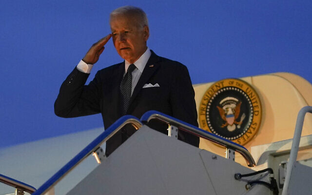 US President Joe Biden salutes as he boards Air Force One at Andrews Air Force Base, Maryland, June 2, 2022. (AP Photo/Susan Walsh) US President Joe Biden salutes as he boards Air Force One at Andrews Air Force Base, Maryland, June 2, 2022. (AP Photo/Susan Walsh)