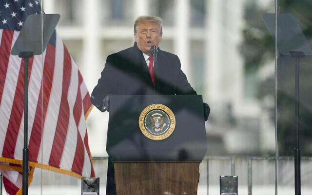 US president Donald Trump speaks during a rally protesting the electoral college certification of Joe Biden as president in Washington, Jan. 6, 2021. (Evan Vucci/AP) US president Donald Trump speaks during a rally protesting the electoral college certification of Joe Biden as president in Washington, Jan. 6, 2021. (Evan Vucci/AP)