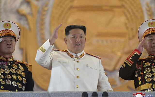 In this photo provided by the North Korean government, North Korean leader Kim Jong Un, center, watches a military parade to mark the 90th anniversary of North Korea's army at the Kim Il Sung Square in Pyongyang, North Korea, on April 25, 2022. (Korean Central News Agency/Korea News Service via AP) In this photo provided by the North Korean government, North Korean leader Kim Jong Un, center, watches a military parade to mark the 90th anniversary of North Korea's army at the Kim Il Sung Square in Pyongyang, North Korea, on April 25, 2022. (Korean Central News Agency/Korea News Service via AP)