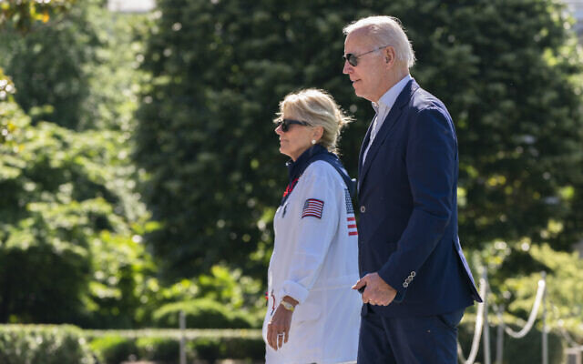 US President Joe Biden and first lady Jill Biden walk on the South Lawn upon arrival at the White House in Washington, June 5, 2022. (Manuel Balce Ceneta/AP) US President Joe Biden and first lady Jill Biden walk on the South Lawn upon arrival at the White House in Washington, June 5, 2022. (Manuel Balce Ceneta/AP)