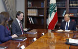 Illustrative: Lebanese President Michel Aoun, right, with U.S. Envoy for Energy Affairs Amos Hochstein, center, and U.S. Ambassador to Lebanon Dorothy Shea, left, at the presidential palace in Baabda, east of Beirut, Lebanon, Feb. 9, 2022. (Dalati Nohra/Lebanese Official Government via AP, File)